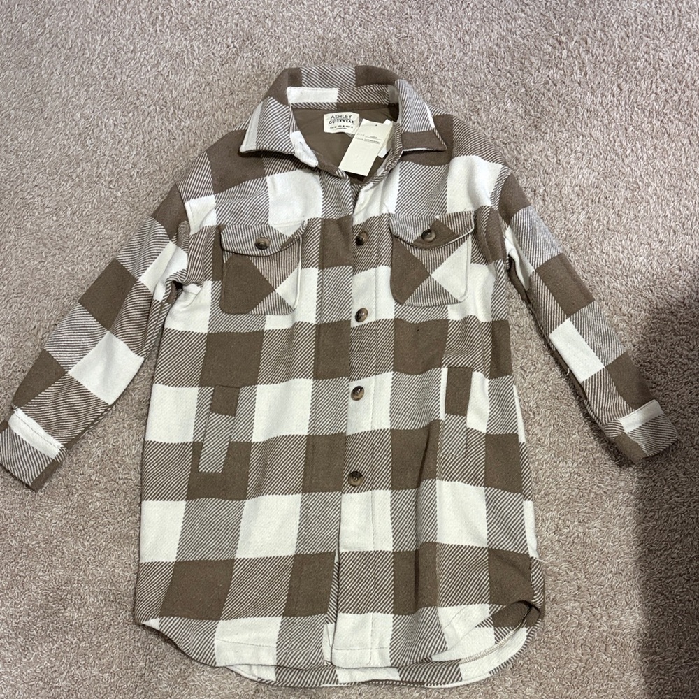 Stylish Women’s Brown and White Plaid Button Down Jacket
